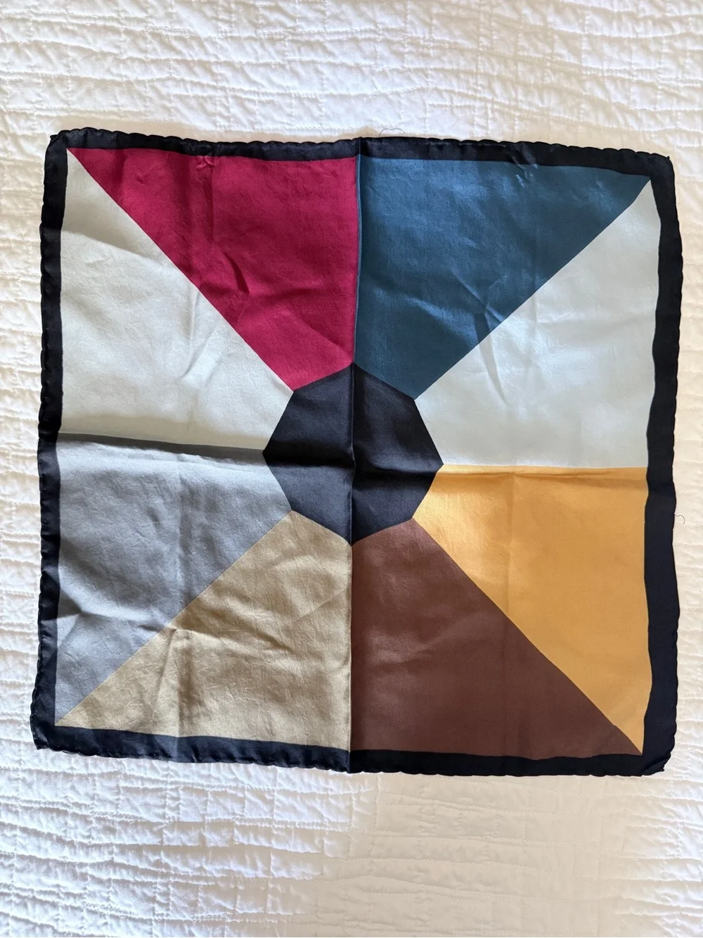 Geometric Colorblock Silk Scarf in Mustard, Brown, Blue, Red and Gray